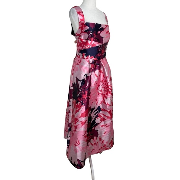 Kay Unger Marie Pink Floral Tea Length Dress 12 A-Line Square Neck Wedding Gues - Picture 5 of 10